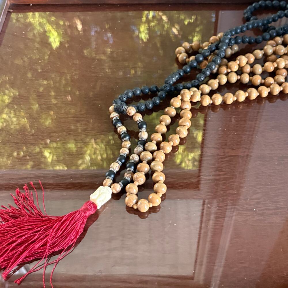 Buddha Mala Necklace Lava Stone Red Tassel with Separate Wooden Bead Necklace - Picture 10 of 15